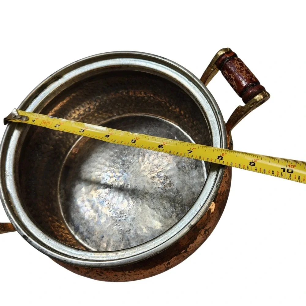 Vintage French Hammered Copper Stock Pot Tin Brass Handles Decorative **NO Lid**